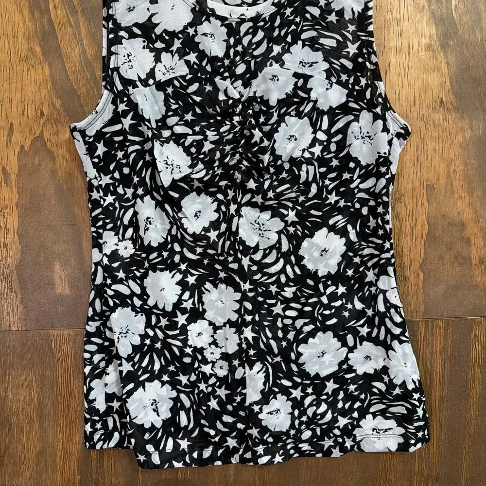 Cabi Womens Blouse Black Gray Floral Round Neck Sleeveless Sheer Stretch Small